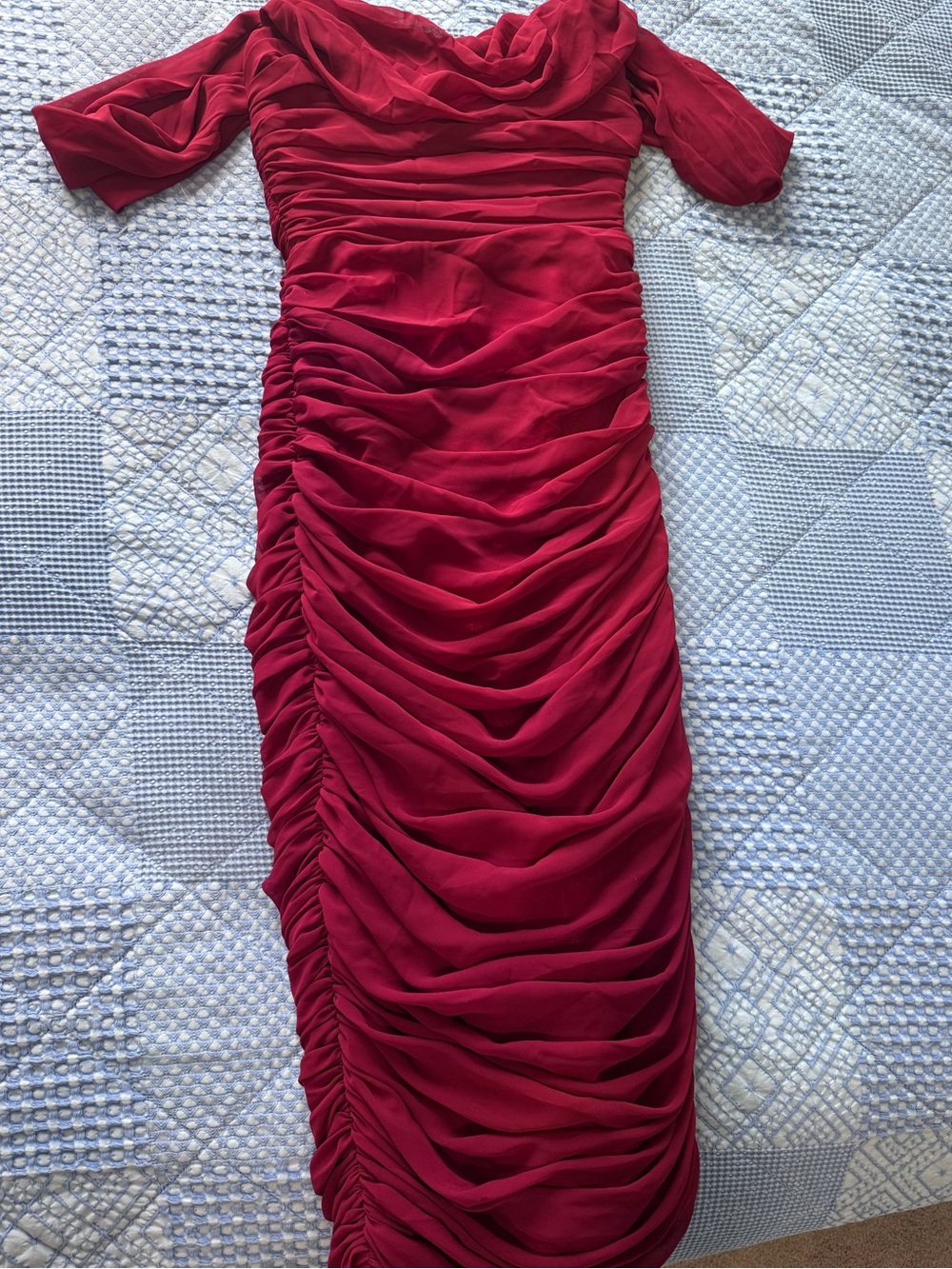 House of CB Red Off-Shoulder Ruched Midi Dress - Picture 5 of 6